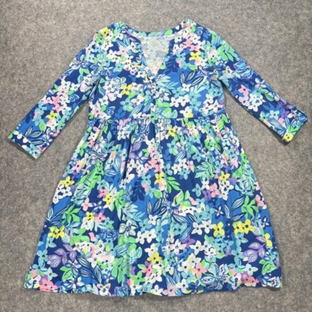 Lilly Pulitzer Dress Womens S Blue Floral Loran Jersey Fit Flare Casual Preppy